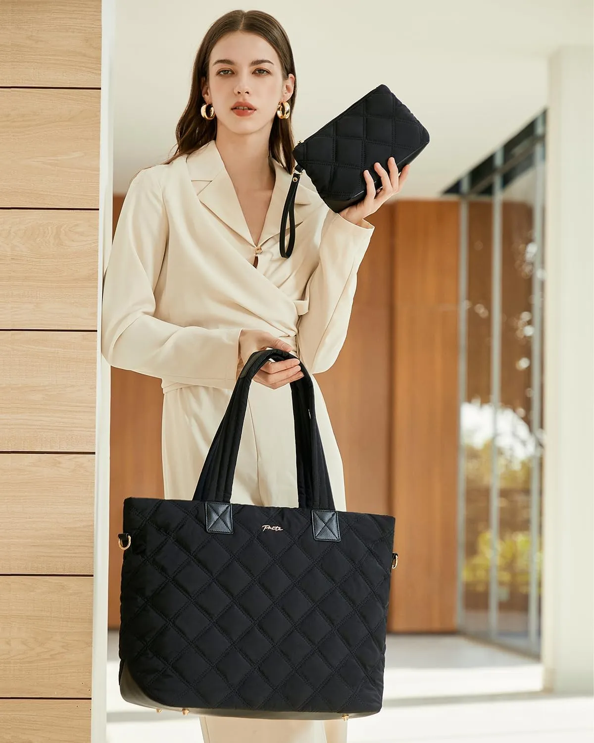 Prite Tote Bag for Women Lightweight Puffer Tote with Compartment Quilted Work Bag