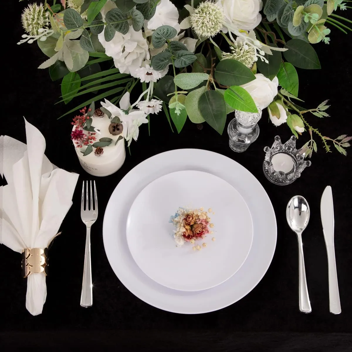 PULOTE 100PCS White Plastic Plates Disposable - Heavyweight 50 White Dinner & 50 Dessert/Salad Plates for Wedding, Party & 4th of July