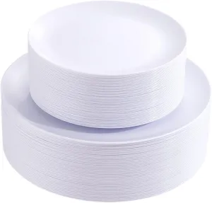 PULOTE 100PCS White Plastic Plates Disposable - Heavyweight 50 White Dinner & 50 Dessert/Salad Plates for Wedding, Party & 4th of July