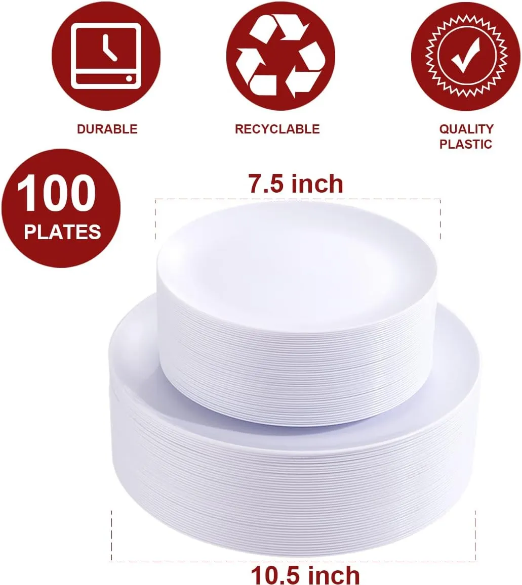PULOTE 100PCS White Plastic Plates Disposable - Heavyweight 50 White Dinner & 50 Dessert/Salad Plates for Wedding, Party & 4th of July