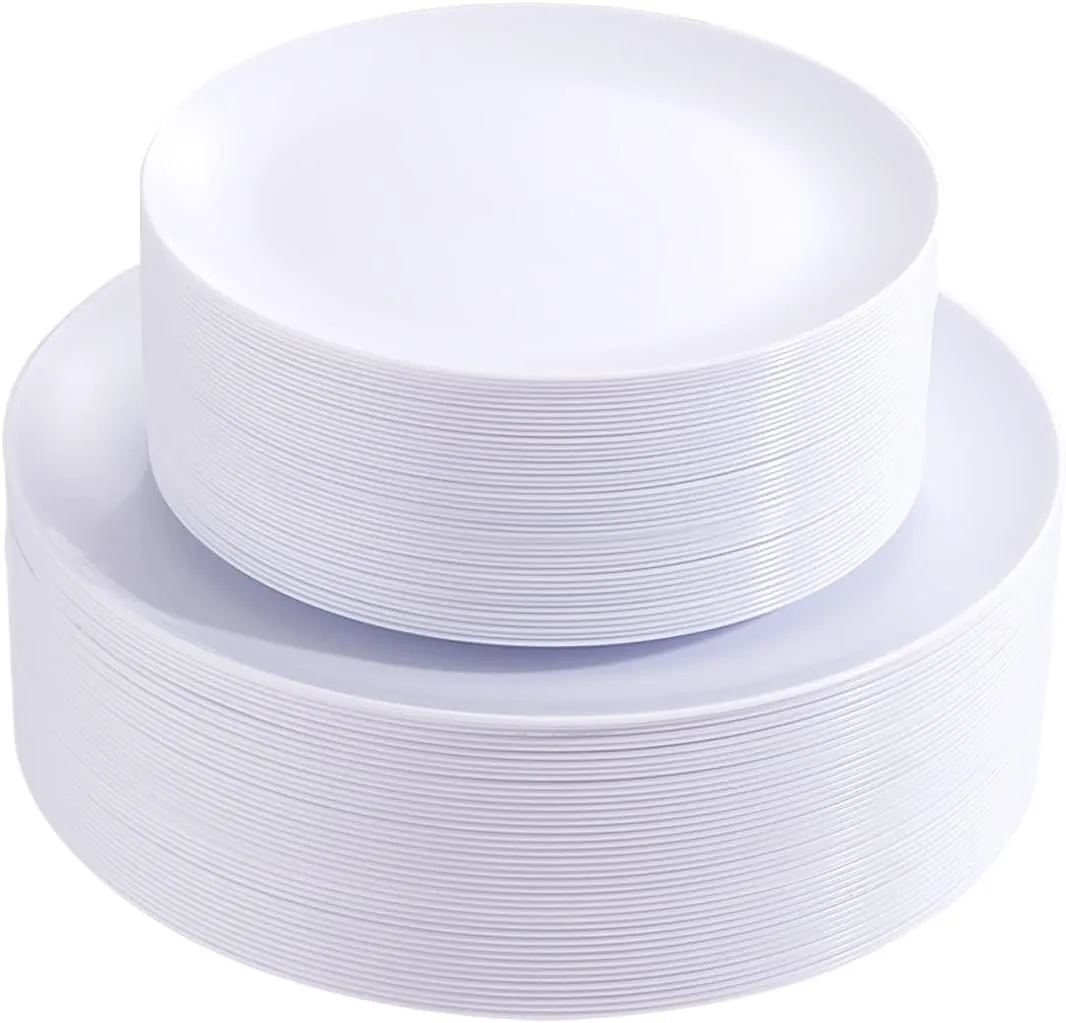 PULOTE 100PCS White Plastic Plates Disposable - Heavyweight 50 White Dinner & 50 Dessert/Salad Plates for Wedding, Party & 4th of July