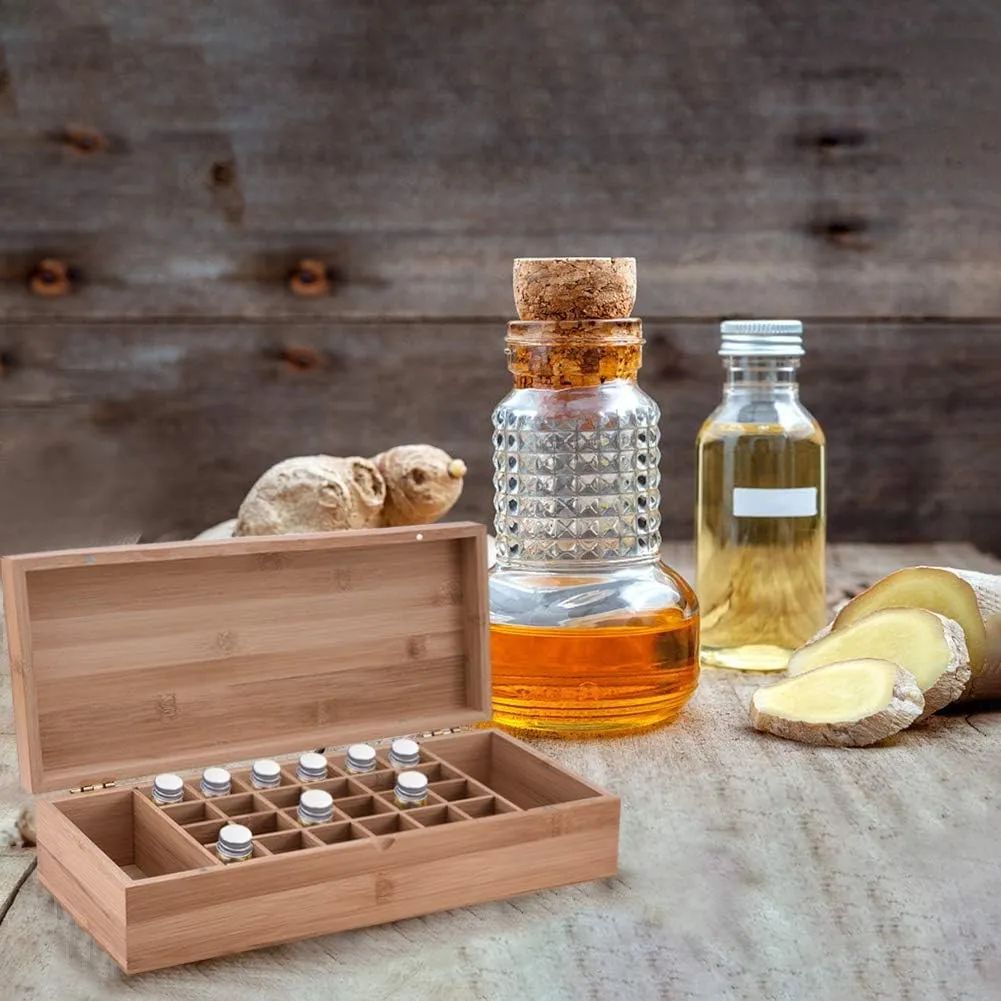 Pure Vie Essential Oil Bamboo Storage Box Travel Display Presentation, Holds 26 Bottles for 5, 10, 15ml - Aromatherapy Organizer Nail Polish Fragrance Container - Keep Your Oils Safe & Space Saver