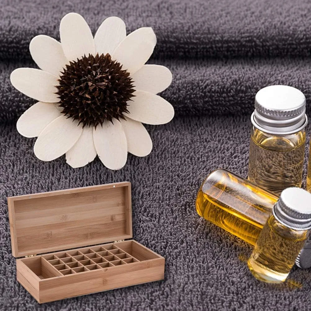 Pure Vie Essential Oil Bamboo Storage Box Travel Display Presentation, Holds 26 Bottles for 5, 10, 15ml - Aromatherapy Organizer Nail Polish Fragrance Container - Keep Your Oils Safe & Space Saver
