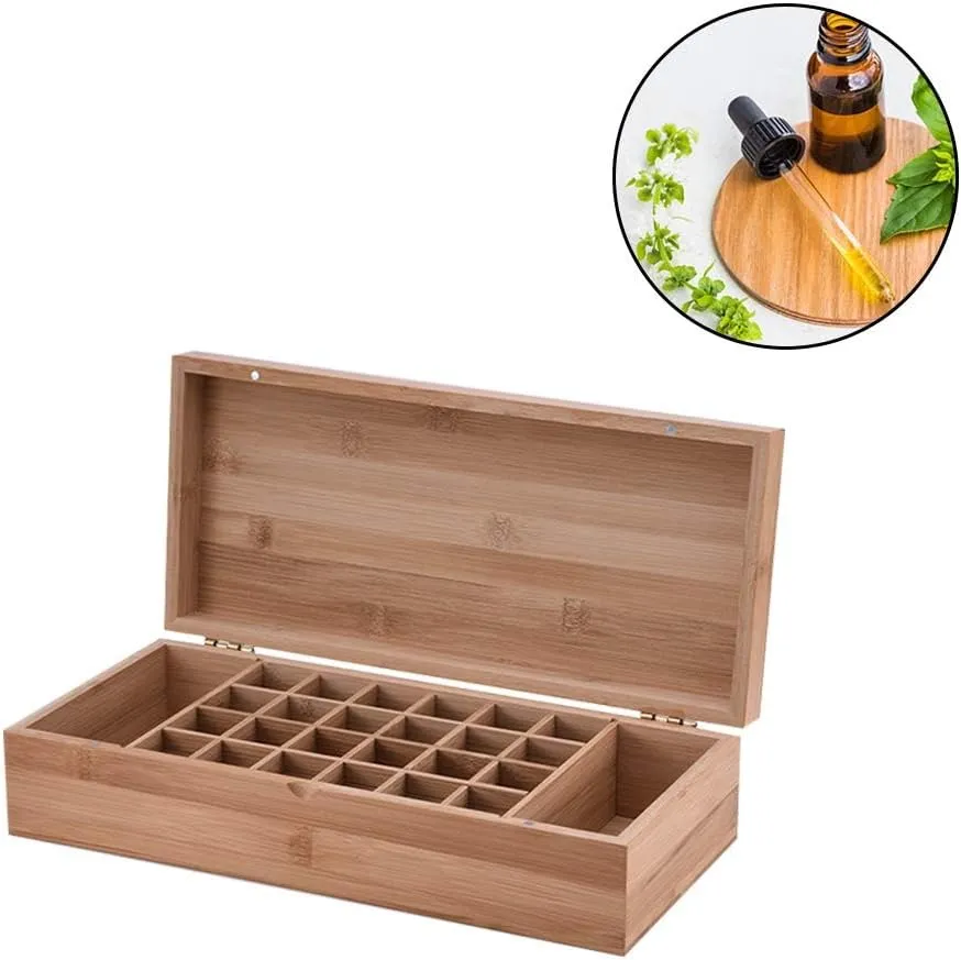 Pure Vie Essential Oil Bamboo Storage Box Travel Display Presentation, Holds 26 Bottles for 5, 10, 15ml - Aromatherapy Organizer Nail Polish Fragrance Container - Keep Your Oils Safe & Space Saver