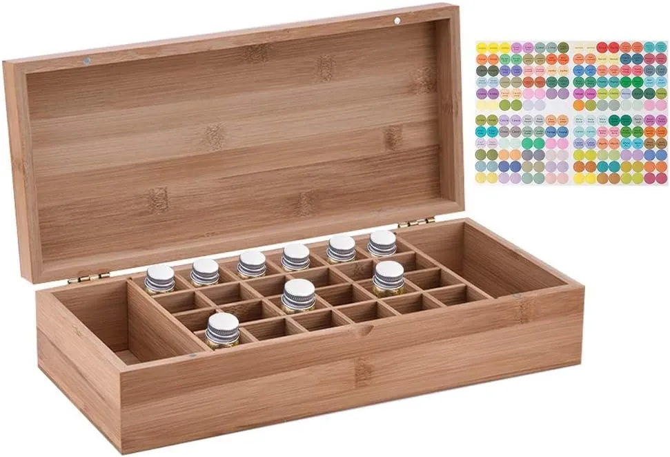 Pure Vie Essential Oil Bamboo Storage Box Travel Display Presentation, Holds 26 Bottles for 5, 10, 15ml - Aromatherapy Organizer Nail Polish Fragrance Container - Keep Your Oils Safe & Space Saver