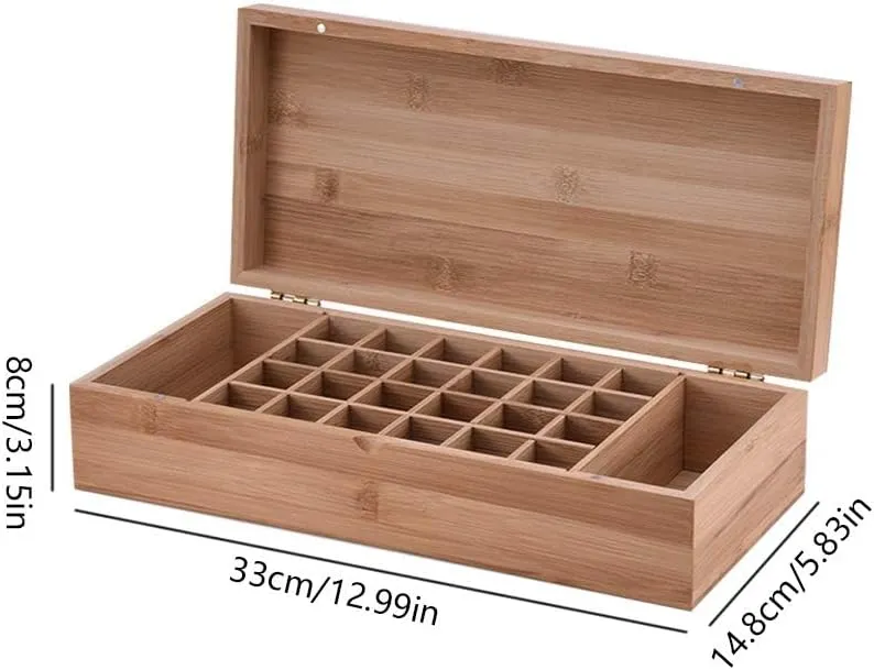 Pure Vie Essential Oil Bamboo Storage Box Travel Display Presentation, Holds 26 Bottles for 5, 10, 15ml - Aromatherapy Organizer Nail Polish Fragrance Container - Keep Your Oils Safe & Space Saver