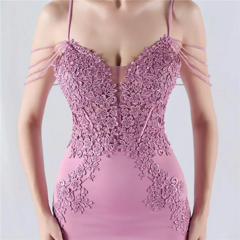 Purple Lace Mermaid Prom Long Skirt Sexy Off-Shoulder Bead Evening Gowns Elegant Appliques Satin Dresses