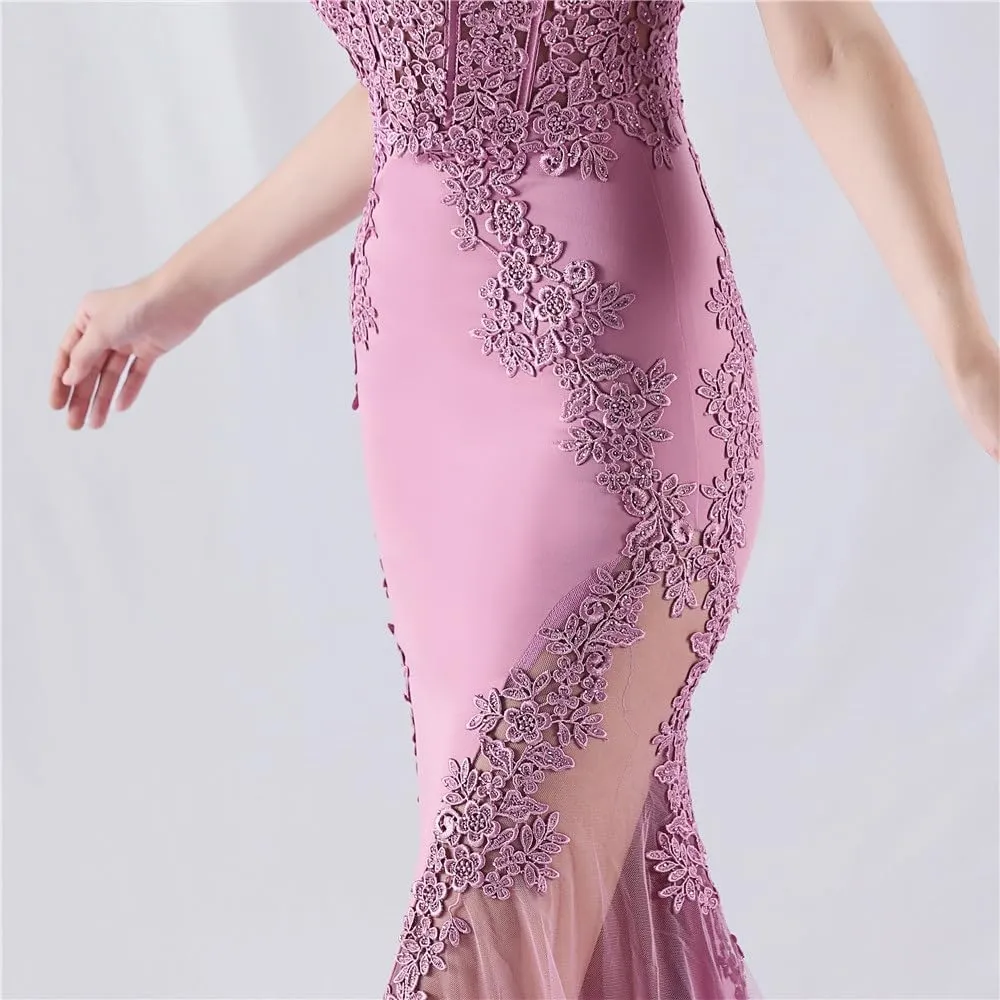 Purple Lace Mermaid Prom Long Skirt Sexy Off-Shoulder Bead Evening Gowns Elegant Appliques Satin Dresses