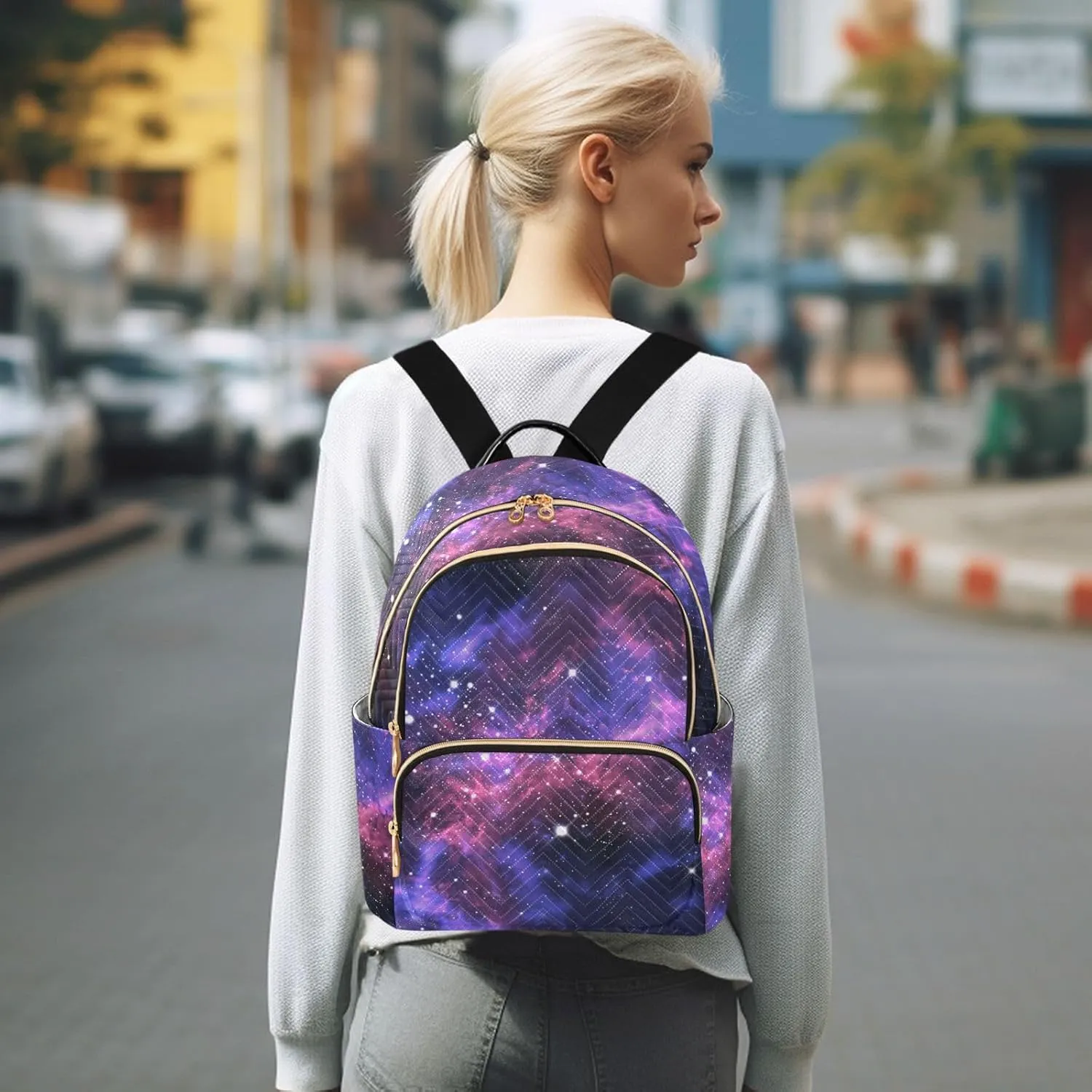 Purple Universe Starry Sky Fashion Travel Backpack for Women Multi Pockets Lightweight Purse for Women-M