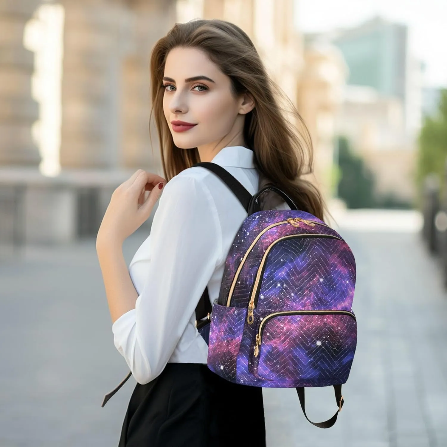 Purple Universe Starry Sky Fashion Travel Backpack for Women Multi Pockets Lightweight Purse for Women-M