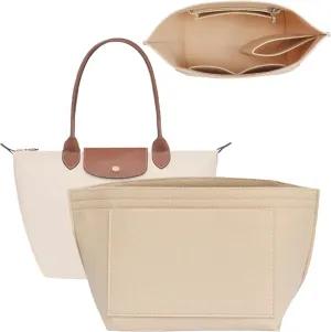 Purse Organizer Insert with Zipper & Cup Holder, Compatible with Longchamp Le Pliage Large and More Handbags, Felt Tote Bag Organizer Insert for Women