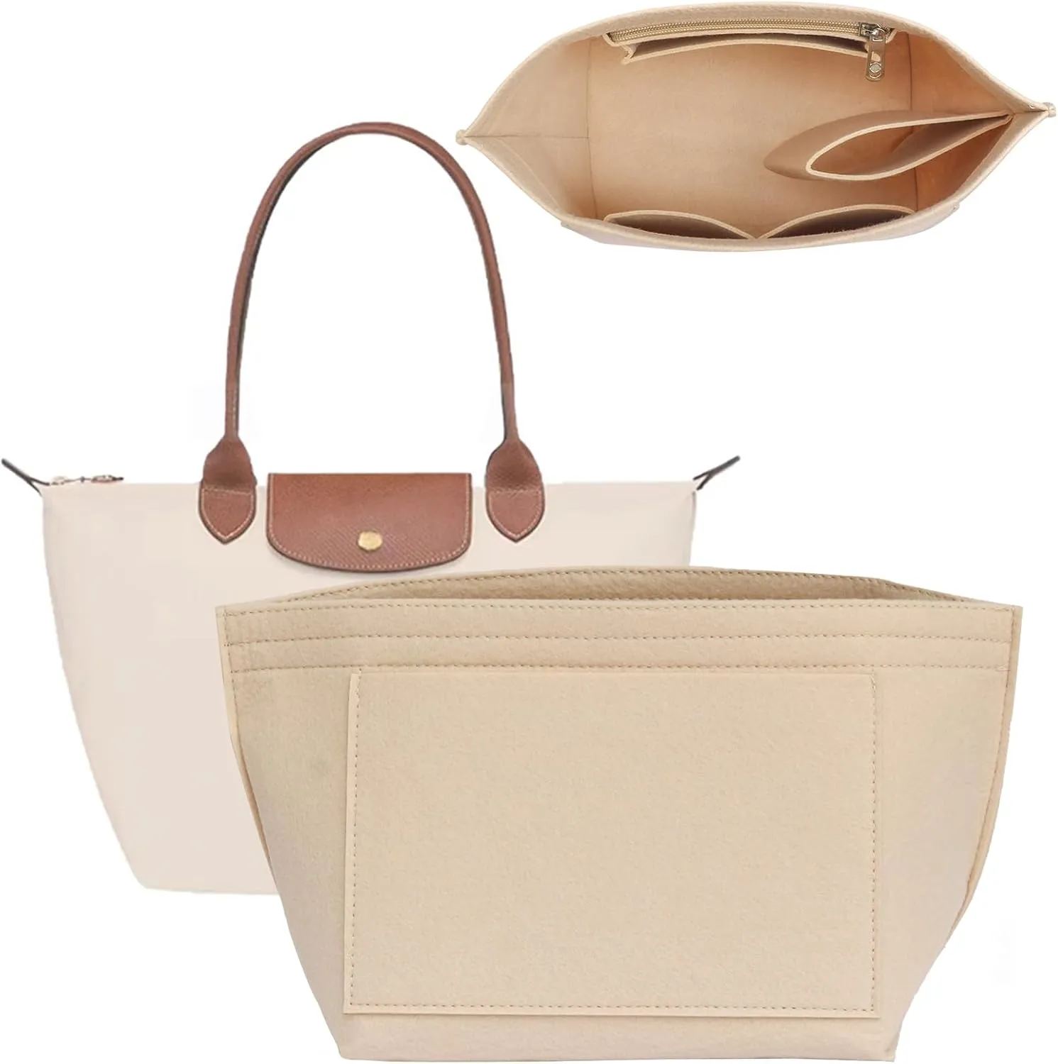 Purse Organizer Insert with Zipper & Cup Holder, Compatible with Longchamp Le Pliage Large and More Handbags, Felt Tote Bag Organizer Insert for Women