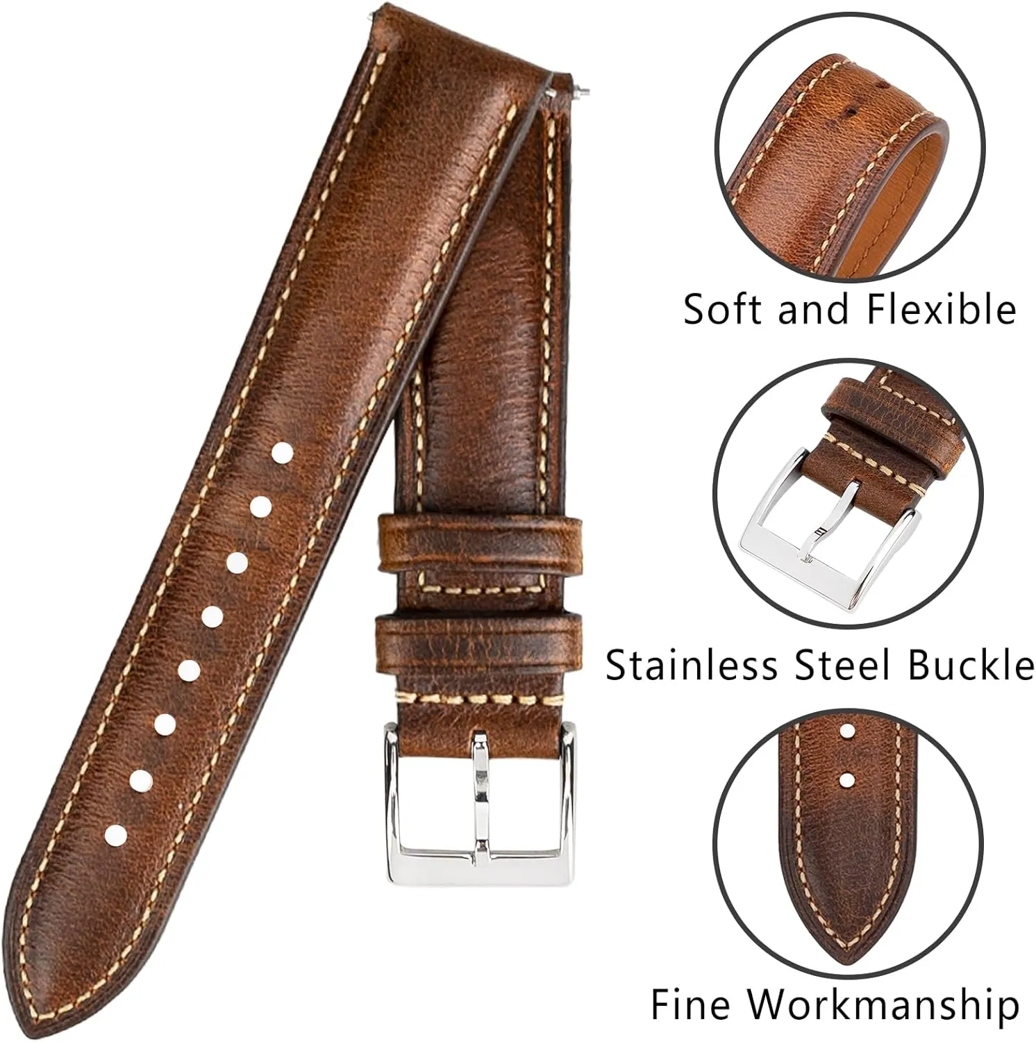 Quick Release Leather Watch Band 14mm 16mm 18mm 19mm 20mm 21mm 22mm 24mm,Vintage Oil Wax-tanned Pull-up Men's Watch Bands Replacement Leather Watch Straps for Men Women