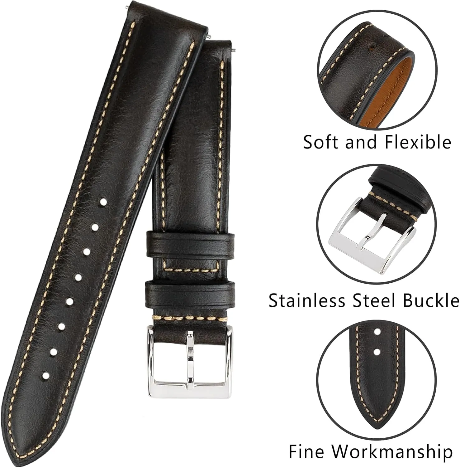 Quick Release Leather Watch Band 14mm 16mm 18mm 19mm 20mm 21mm 22mm 24mm,Vintage Oil Wax-tanned Pull-up Men's Watch Bands Replacement Leather Watch Straps for Men Women