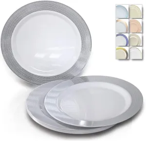 " OCCASIONS " 120 Plates Pack, Heavyweight Disposable Wedding Party Plastic Plates (10.5'' Dinner Plate, Linen in White & Silver)
