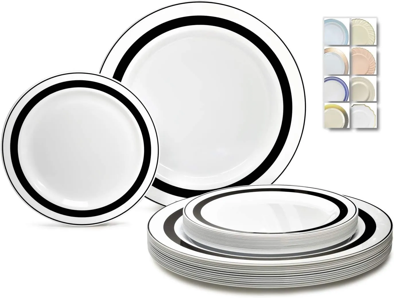 " OCCASIONS " 120 Plates Pack,(60 Guests) Heavyweight Premium Wedding Party Disposable Plastic Plates Set -60 x 10.5'' Dinner   60 x 7.5'' Salad/Dessert (Soleil White & Black)