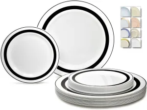 " OCCASIONS " 120 Plates Pack,(60 Guests) Heavyweight Premium Wedding Party Disposable Plastic Plates Set -60 x 10.5'' Dinner   60 x 7.5'' Salad/Dessert (Soleil White & Black)