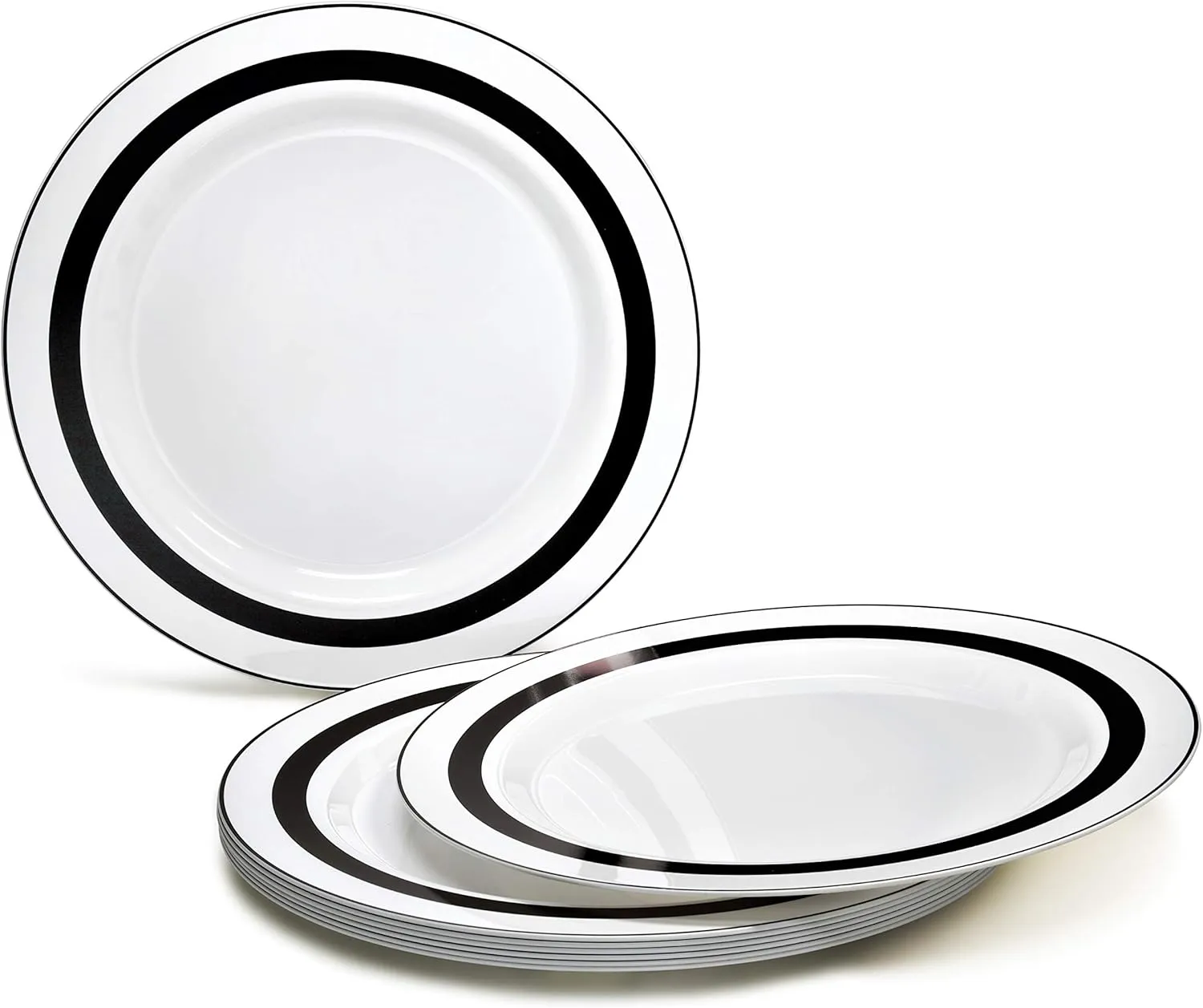 " OCCASIONS " 120 Plates Pack,(60 Guests) Heavyweight Premium Wedding Party Disposable Plastic Plates Set -60 x 10.5'' Dinner   60 x 7.5'' Salad/Dessert (Soleil White & Black)
