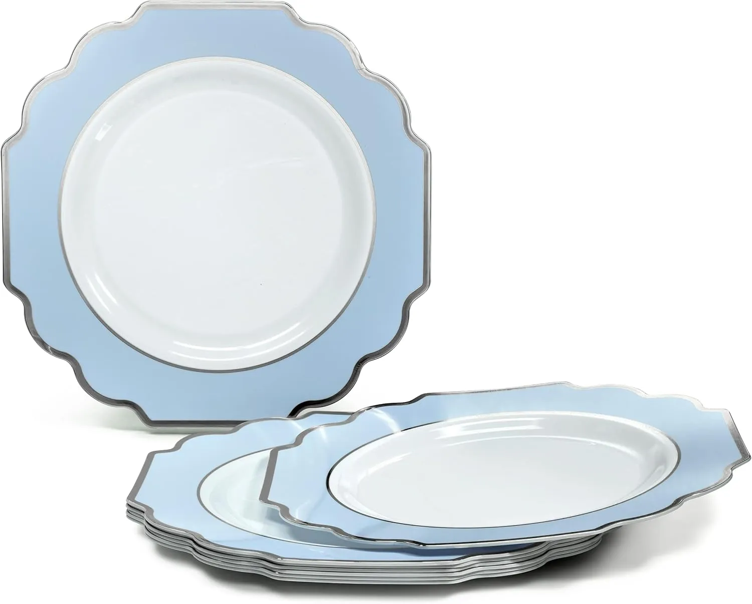 " OCCASIONS " 120 Plates Pack,(60 Guests) Heavyweight Premium Wedding Party Disposable Plastic Plates Set -60 x 10.5'' Dinner   60 x 8'' Salad/Dessert (Imperial in White/Blue & Silver)