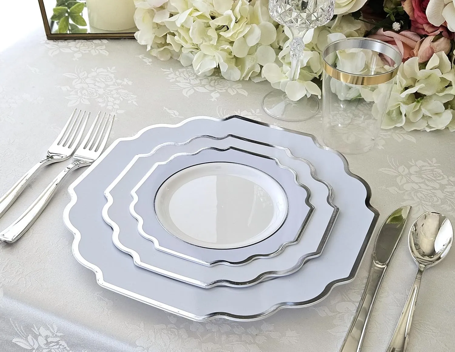 " OCCASIONS " 120 Plates Pack,(60 Guests) Heavyweight Premium Wedding Party Disposable Plastic Plates Set -60 x 10.5'' Dinner   60 x 8'' Salad/Dessert (Imperial in White/Blue & Silver)