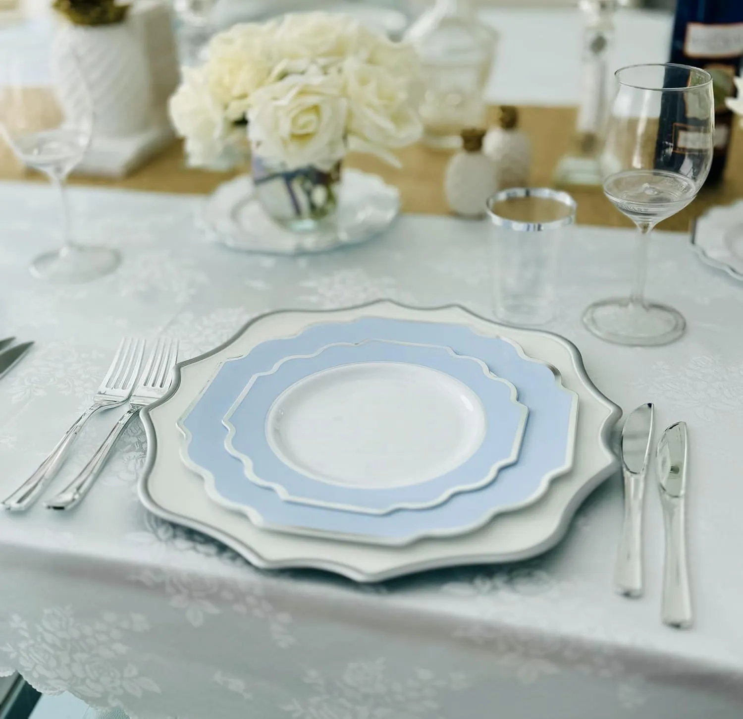 " OCCASIONS " 120 Plates Pack,(60 Guests) Heavyweight Premium Wedding Party Disposable Plastic Plates Set -60 x 10.5'' Dinner   60 x 8'' Salad/Dessert (Imperial in White/Blue & Silver)