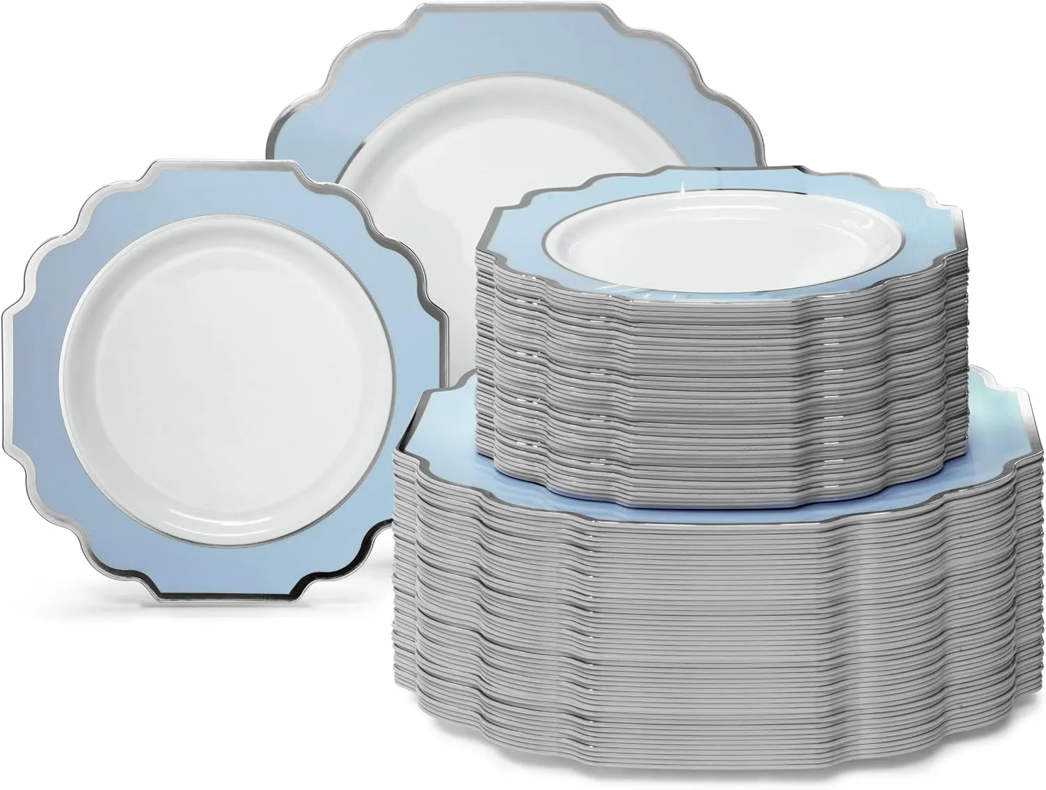 " OCCASIONS " 120 Plates Pack,(60 Guests) Heavyweight Premium Wedding Party Disposable Plastic Plates Set -60 x 10.5'' Dinner   60 x 8'' Salad/Dessert (Imperial in White/Blue & Silver)