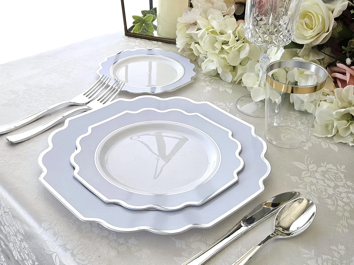 " OCCASIONS " 120 Plates Pack,(60 Guests) Heavyweight Premium Wedding Party Disposable Plastic Plates Set -60 x 10.5'' Dinner   60 x 8'' Salad/Dessert (Imperial in White/Blue & Silver)