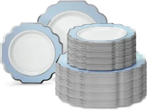 " OCCASIONS " 120 Plates Pack,(60 Guests) Heavyweight Premium Wedding Party Disposable Plastic Plates Set -60 x 10.5'' Dinner   60 x 8'' Salad/Dessert (Imperial in White/Blue & Silver)
