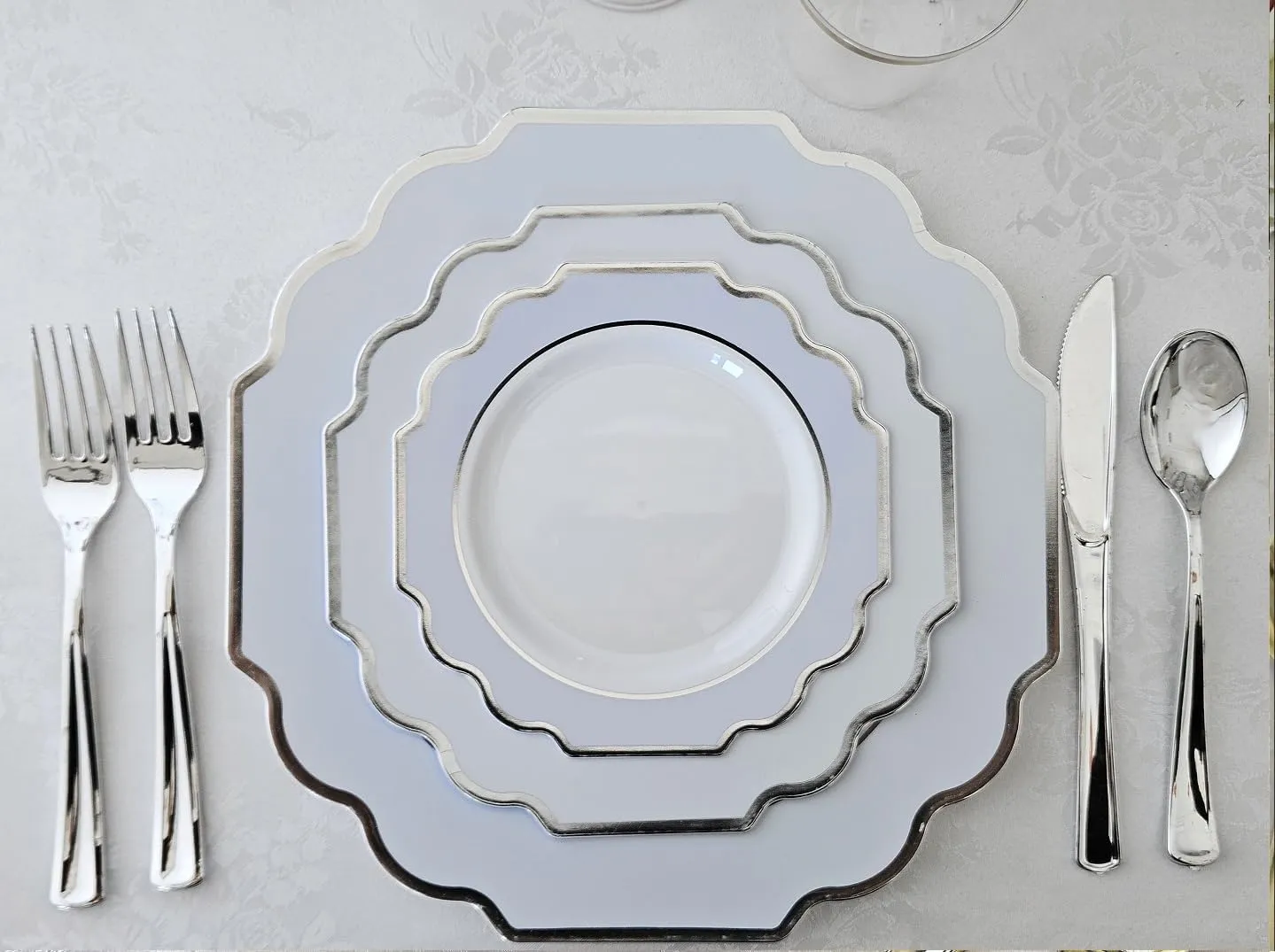 " OCCASIONS " 120 Plates Pack,(60 Guests) Heavyweight Premium Wedding Party Disposable Plastic Plates Set -60 x 10.5'' Dinner   60 x 8'' Salad/Dessert (Imperial in White/Blue & Silver)