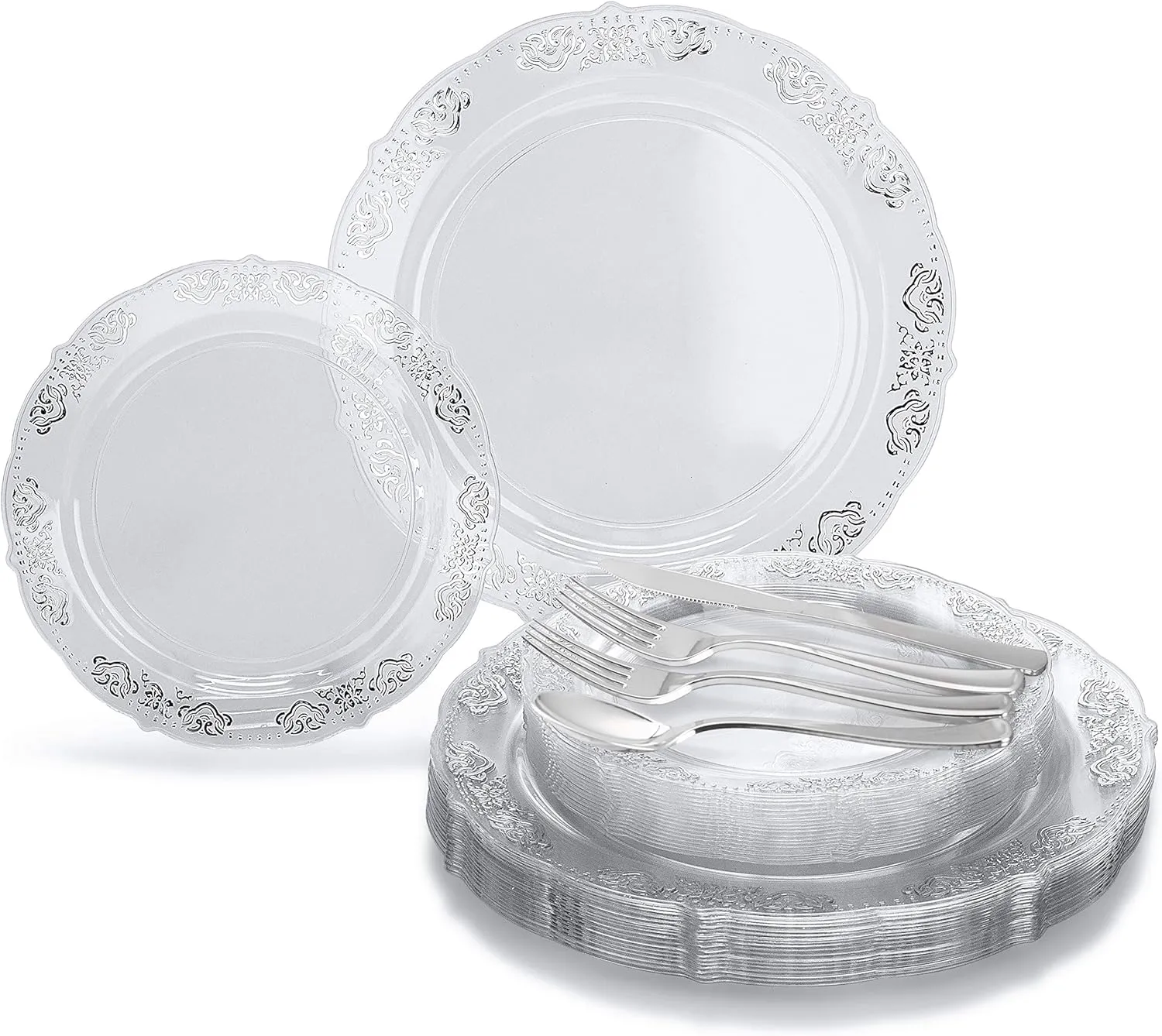 " OCCASIONS " 150 Piece set (25 Guests) Vintage Wedding Party Disposable Dinnerware Set Plastic Plates 10.25'', 7.5''   Silverware w/double fork (Portofino Clear/Silver)