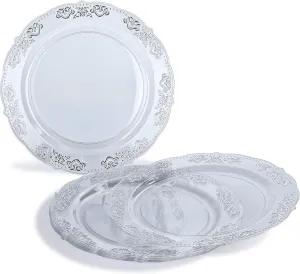 " OCCASIONS " 150 Piece set (25 Guests) Vintage Wedding Party Disposable Dinnerware Set Plastic Plates 10.25'', 7.5''   Silverware w/double fork (Portofino Clear/Silver)