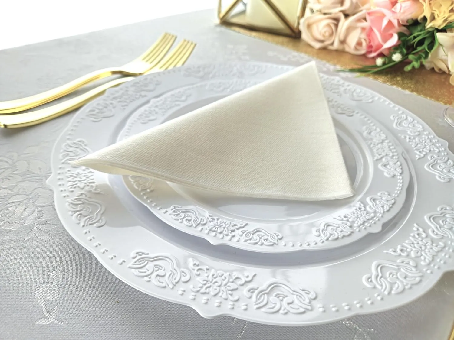 " OCCASIONS " 150 Piece set (25 Guests) Vintage Wedding Party Disposable Dinnerware Set Plastic Plates 10.25'', 7.5''   Silverware w/double fork (Portofino Plain White)