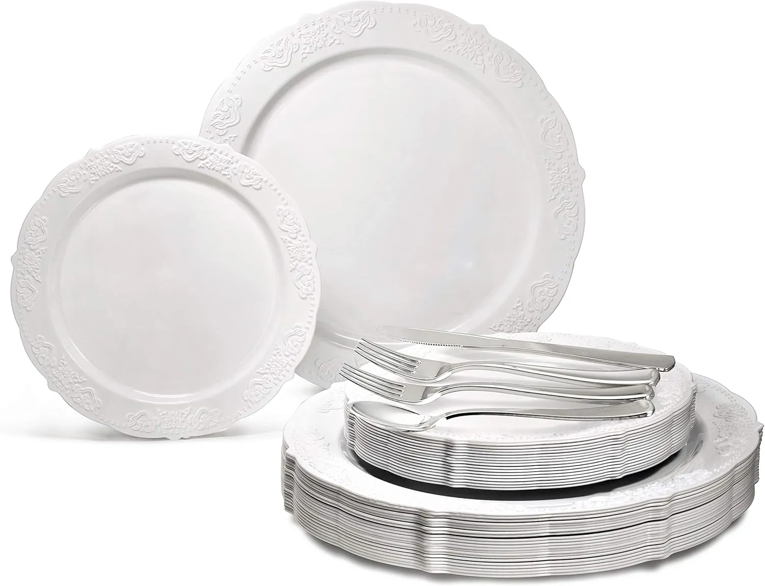 " OCCASIONS " 150 Piece set (25 Guests) Vintage Wedding Party Disposable Dinnerware Set Plastic Plates 10.25'', 7.5''   Silverware w/double fork (Portofino Plain White)