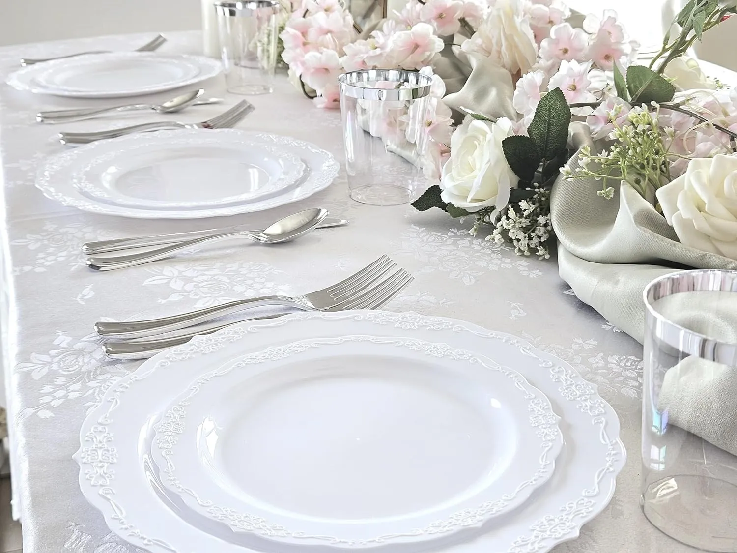 " OCCASIONS " 150 Piece set (25 Guests) Vintage Wedding Party Disposable Dinnerware Set Plastic Plates 10.25'', 7.5''   Silverware w/double fork (Portofino Plain White)