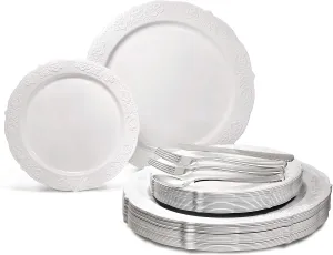 " OCCASIONS " 150 Piece set (25 Guests) Vintage Wedding Party Disposable Dinnerware Set Plastic Plates 10.25'', 7.5''   Silverware w/double fork (Portofino Plain White)