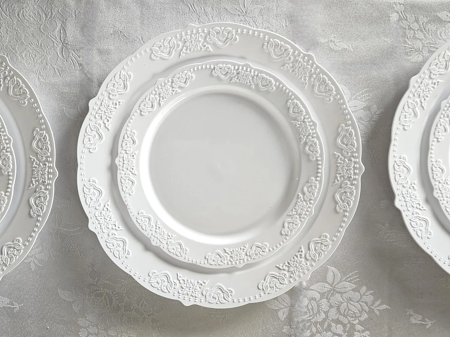 " OCCASIONS " 150 Piece set (25 Guests) Vintage Wedding Party Disposable Dinnerware Set Plastic Plates 10.25'', 7.5''   Silverware w/double fork (Portofino Plain White)