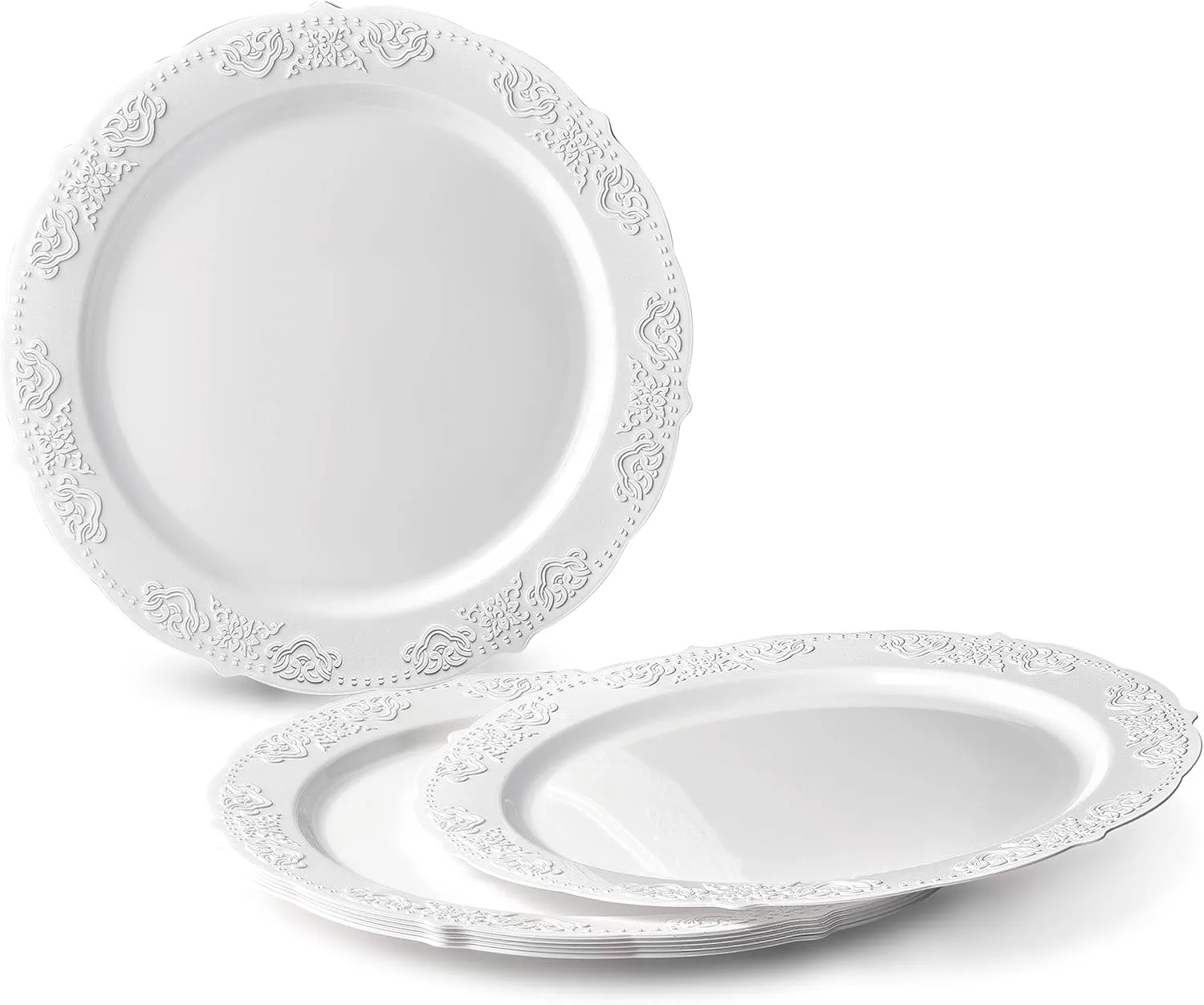 " OCCASIONS " 150 Piece set (25 Guests) Vintage Wedding Party Disposable Dinnerware Set Plastic Plates 10.25'', 7.5''   Silverware w/double fork (Portofino Plain White)