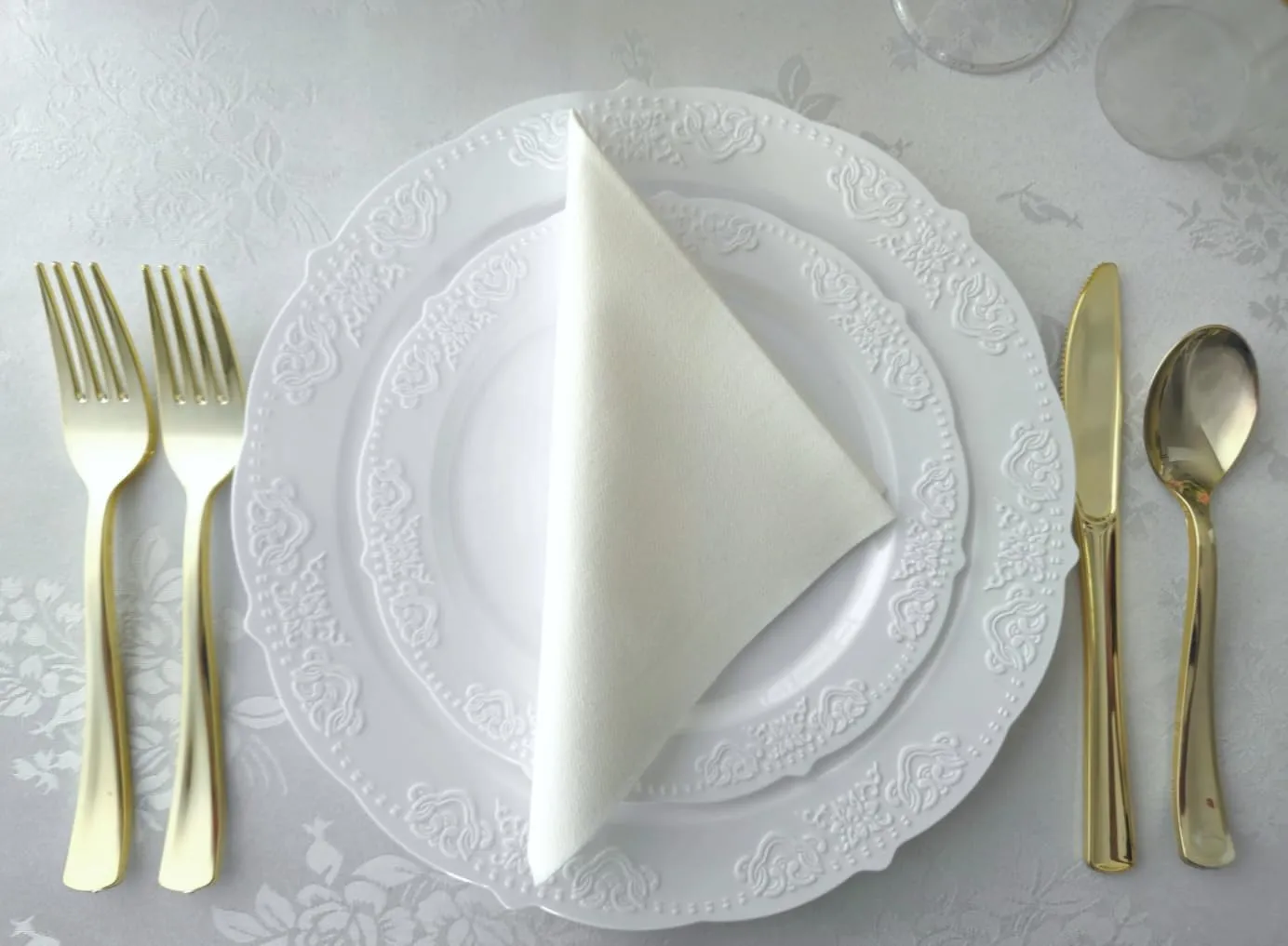 " OCCASIONS " 150 Piece set (25 Guests) Vintage Wedding Party Disposable Dinnerware Set Plastic Plates 10.25'', 7.5''   Silverware w/double fork (Portofino Plain White)