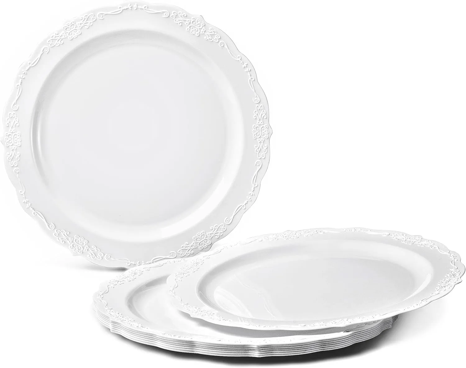 " OCCASIONS " 150 Piece set (25 Guests)-Vintage Wedding Plastic Plates & cutlery -Disposable Dinnerware 10'', 7.5''   Silverware w/double fork (Verona White)