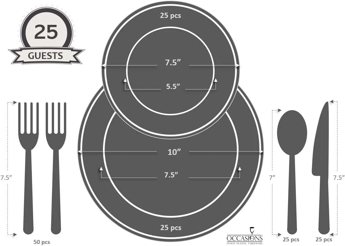 " OCCASIONS " 150 Piece set (25 Guests)-Vintage Wedding Plastic Plates & cutlery -Disposable Dinnerware 10'', 7.5''   Silverware w/double fork (Verona White)