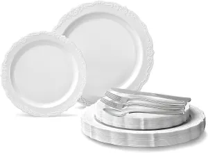" OCCASIONS " 150 Piece set (25 Guests)-Vintage Wedding Plastic Plates & cutlery -Disposable Dinnerware 10'', 7.5''   Silverware w/double fork (Verona White)