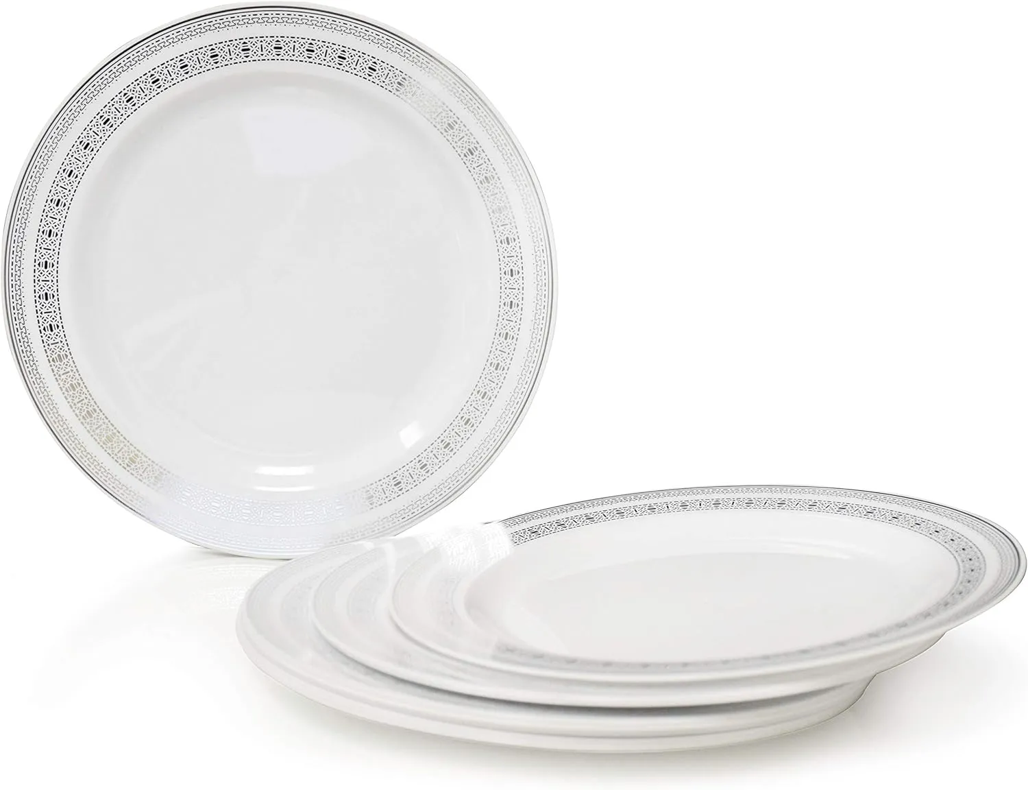 " OCCASIONS " 280pcs set (40 Guests)-Heavyweight Wedding Party Disposable Plastic Plate Set-40 x 10.5''   40 x 6.25''   Silverware   Cups   Napkins (Lace in White & Silver)