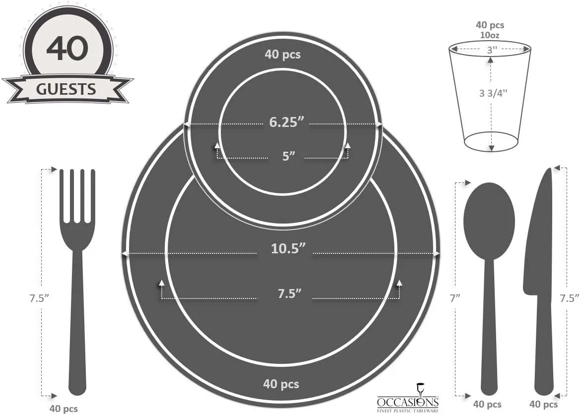 " OCCASIONS " 280pcs set (40 Guests)-Heavyweight Wedding Party Disposable Plastic Plate Set-40 x 10.5''   40 x 6.25''   Silverware   Cups   Napkins (Lace in White & Silver)