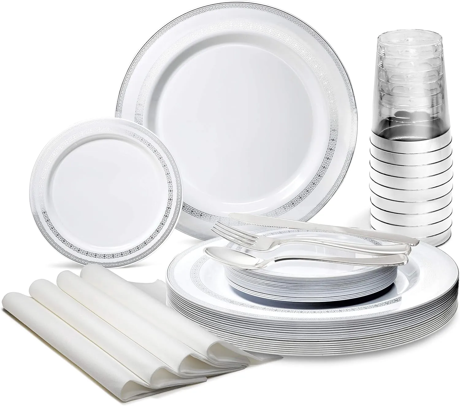 " OCCASIONS " 280pcs set (40 Guests)-Heavyweight Wedding Party Disposable Plastic Plate Set-40 x 10.5''   40 x 6.25''   Silverware   Cups   Napkins (Lace in White & Silver)
