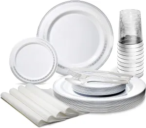 " OCCASIONS " 280pcs set (40 Guests)-Heavyweight Wedding Party Disposable Plastic Plate Set-40 x 10.5''   40 x 6.25''   Silverware   Cups   Napkins (Lace in White & Silver)