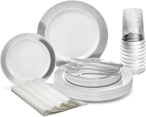 " OCCASIONS " 320pcs set (40 Guests)-Heavyweight Wedding Party Disposable Plastic Plate Set -40 x 10.5''  40 x 7.5''  Silverware Cups linen like paper Napkins (Diamond White & Silver)