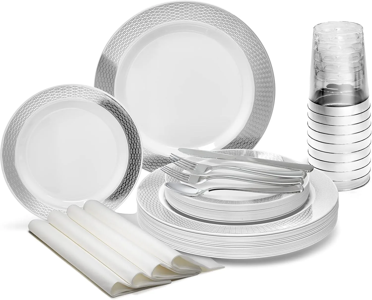 " OCCASIONS " 320pcs set (40 Guests)-Heavyweight Wedding Party Disposable Plastic Plate Set -40 x 10.5''  40 x 7.5''  Silverware Cups linen like paper Napkins (Diamond White & Silver)