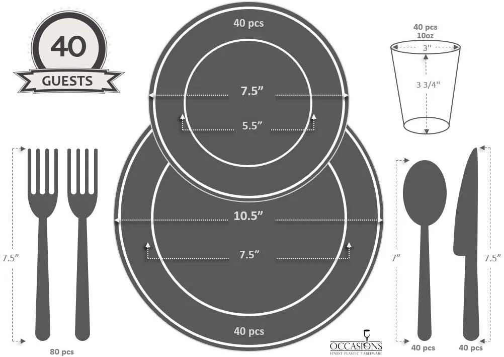 " OCCASIONS " 320pcs set (40 Guests)-Heavyweight Wedding Party Disposable Plastic Plate Set -40 x 10.5''   40 x7.5'' Silverware Cups linen like paper Napkins (Linen White & Silver)