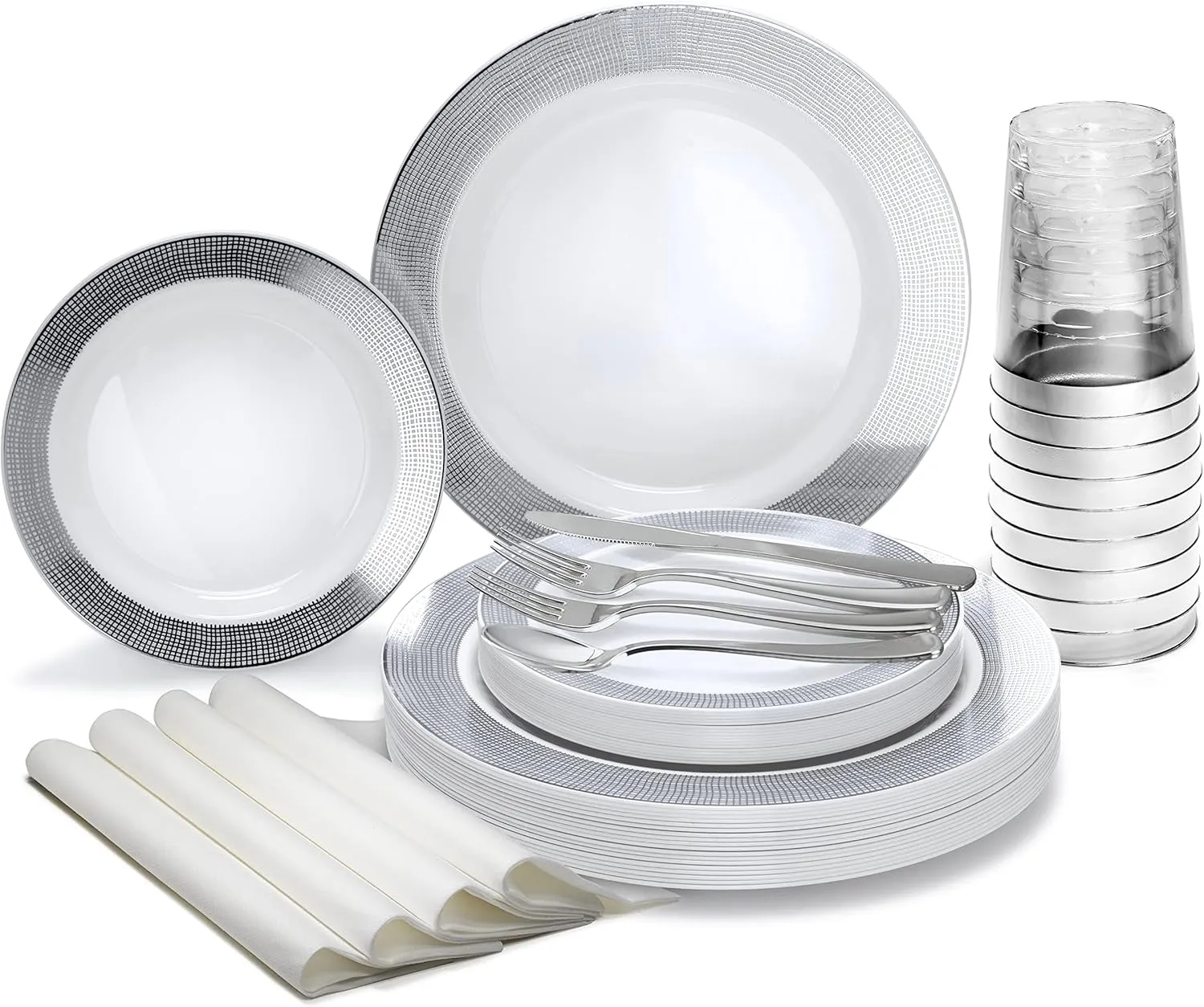 " OCCASIONS " 320pcs set (40 Guests)-Heavyweight Wedding Party Disposable Plastic Plate Set -40 x 10.5''   40 x7.5'' Silverware Cups linen like paper Napkins (Linen White & Silver)