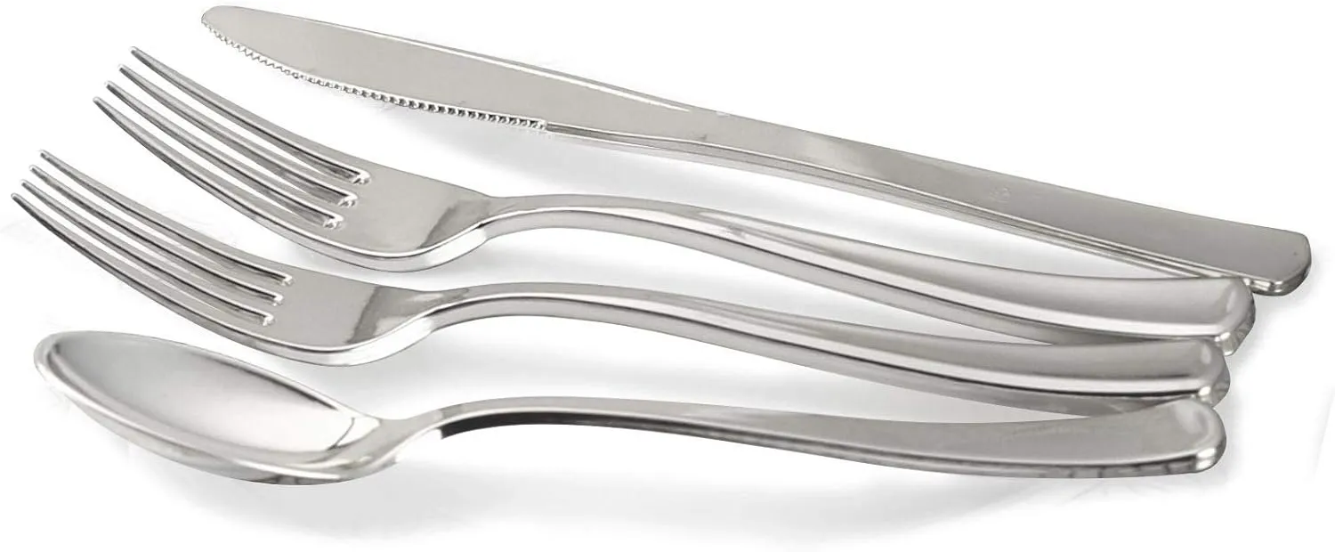 " OCCASIONS " 320pcs set (40 Guests)-Heavyweight Wedding Party Disposable Plastic Plate Set -40 x 10.5''   40 x7.5'' Silverware Cups linen like paper Napkins (Linen White & Silver)